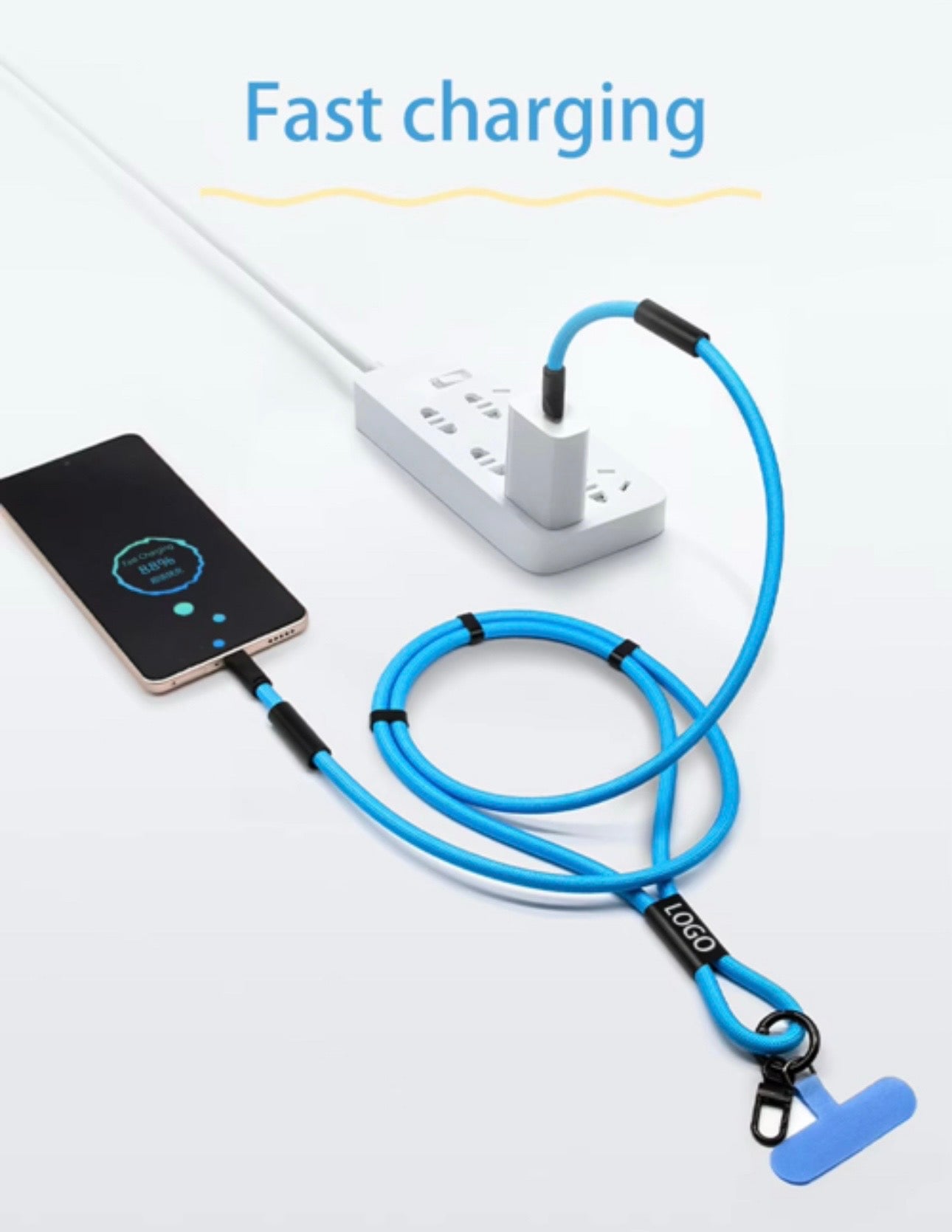 Anti-theft neck lanyard and power cord.  Two in one.  Deter phone theft.